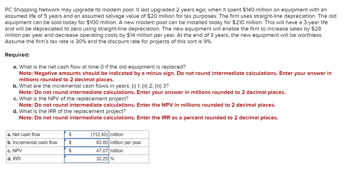 PC Shopping Network may upgrade its modem pool. It last upgraded 2 years ago, when it spent $140 million on equipment with an
assumed life of 5 years and an assumed salvage value of $20 million for tax purposes. The firm uses straight-line depreciation. The old
equipment can be sold today for $100 million. A new modem pool can be installed today for $210 million. This will have a 3-year life
and will be depreciated to zero using straight-line depreciation. The new equipment will enable the firm to increase sales by $28
million per year and decrease operating costs by $14 million per year. At the end of 3 years, the new equipment will be worthless.
Assume the firm's tax rate is 30% and the discount rate for projects of this sort is 9%.
Required:
a. What is the net cash flow at time O if the old equipment is replaced?
Note: Negative amounts should be indicated by a minus sign. Do not round intermediate calculations. Enter your answer in
millions rounded to 2 decimal places.
b. What are the incremental cash flows in years: (i) 1; (ii) 2; (iii) 3?
Note: Do not round intermediate calculations. Enter your answer in millions rounded to 2 decimal places.
c. What is the NPV of the replacement project?
Note: Do not round intermediate calculations. Enter the NPV in millions rounded to 2 decimal places.
d. What is the IRR of the replacement project?
Note: Do not round intermediate calculations. Enter the IRR as a percent rounded to 2 decimal places.
a. Net cash flow
b. Incremental cash flow
c. NPV
d. IRR
$
$
$
(112.40) million
63.00 million per year
47.07 million
32.25 %