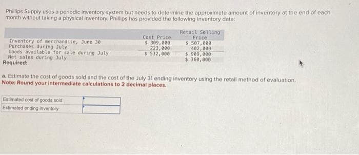 Phillips Supply uses a periodic inventory system but needs to determine the approximate amount of inventory at the end of each
month without taking a physical inventory. Phillips has provided the following inventory data:
Retail Selling
Price
$ 507,000
402,000
$ 909,000
$360,000
Inventory of merchandise, June 30
Purchases during July
Goods available for sale during July
Net sales during July
Required:
Cost Price
$ 309,000
223,000
$ 532,000
a. Estimate the cost of goods sold and the cost of the July 31 ending inventory using the retail method of evaluation.
Note: Round your intermediate calculations to 2 decimal places.
Estimated cost of goods sold
Estimated ending inventory