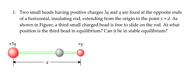 1. Two small beads having positive charges 3q and q are fixed at the opposite ends
of a horizontal, insulating rod, extending from the origin to the point x = d. As
shown in Figure, a third small charged bead is free to slide on the rod. At what
position is the third bead in equilibrium? Can it be in stable equilibrium?
+3q
+q
d
