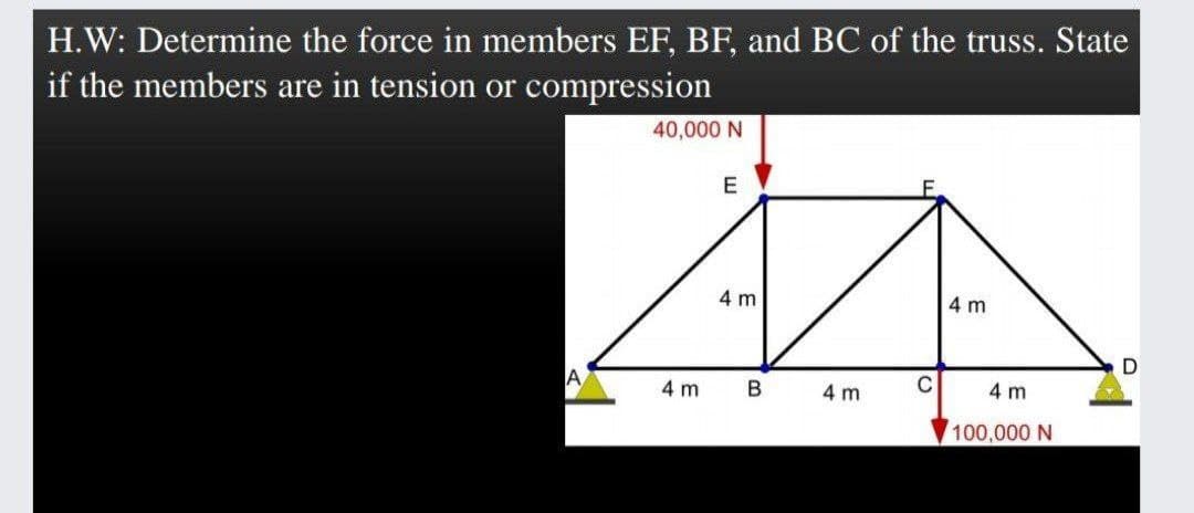 H.W: Determine the force in members EF, BF, and BC of the truss. State
if the members are in tension or compression
40,000 N
E
4 m
4 m
4 m
4 m
4 m
100,000 N
