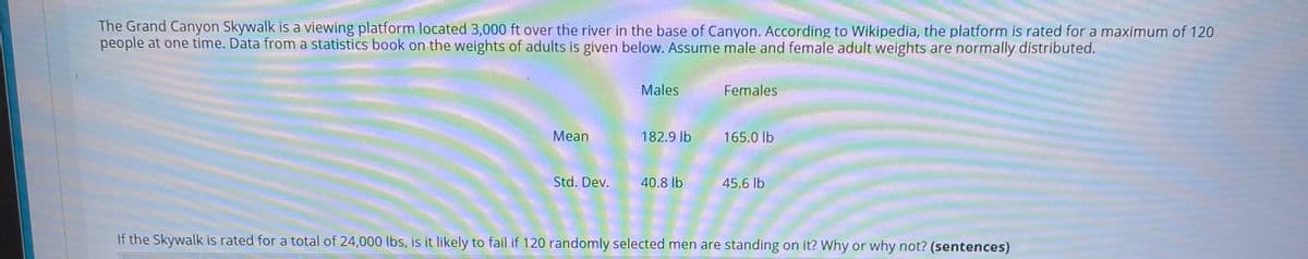 The Grand Canyon Skywalk is a viewing platform located 3,000 ft over the river in the base of Canyon. According to Wikipedia, the platform is rated for a maximum of 120
people at one time. Data from a statistics book on the weights of adults is given below. Assume male and female adult weights are normally distributed.
Males
Females
Mean
182.9 lb
165.0 lb
Std. Dev.
40.8 lb
45.6 lb
If the Skywalk is rated for a total of 24,000 lbs, is it likely to fail if 120 randomly selected men are standing on it? Why or why not? (sentences)
