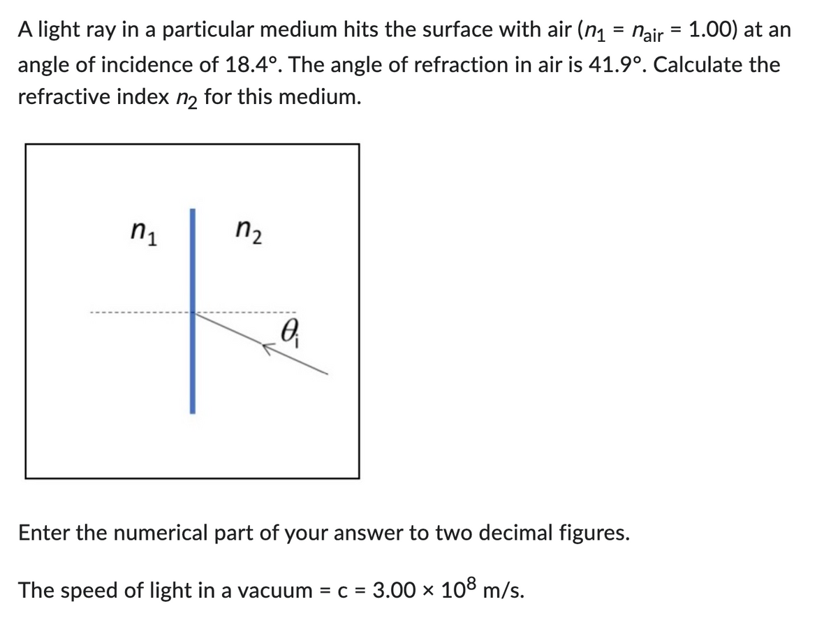 A light ray in a particular medium hits the surface with air (n₁ = nair = 1.00) at an
angle of incidence of 18.4°. The angle of refraction in air is 41.9°. Calculate the
refractive index n₂ for this medium.
n₁
n₂
0₁
Enter the numerical part of your answer to two decimal figures.
The speed of light in a vacuum = c = 3.00 × 108 m/s.