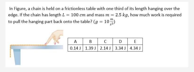 In Figure, a chain is held on a frictionless table with one third of its length hanging over the
edge. If the chain has length L = 100 cm and mass m = 2.5 kg, how much work is required
to pull the hanging part back onto the table? (g = 10)
A B
0.14 J 1.39 J 2.14 J 3.34 J 4.34 J
C
D E
