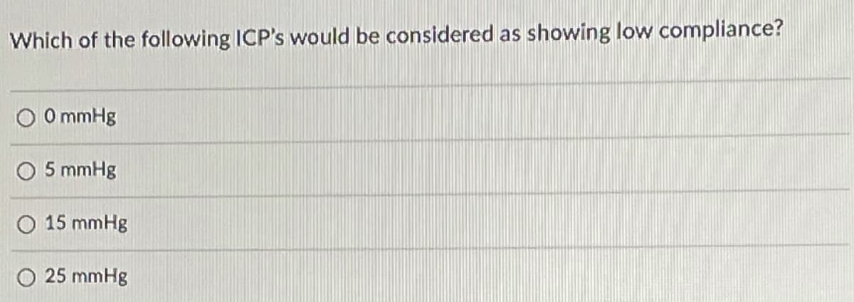 Which of the following ICP's would be considered as showing low compliance?
O O mmHg
O 5 mmHg
O 15 mmHg
O 25 mmHg
