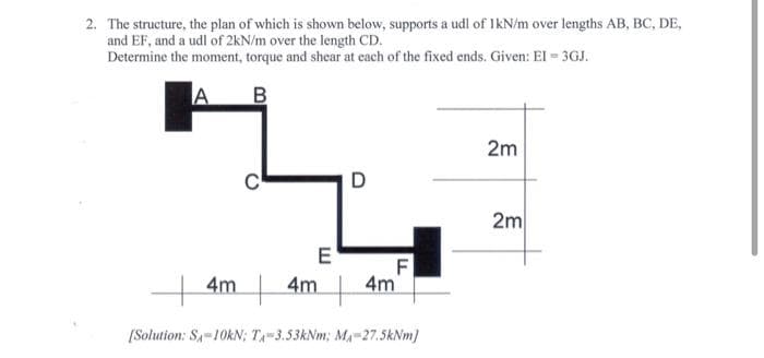 2. The structure, the plan of which is shown below, supports a udl of 1kN/m over lengths AB, BC, DE,
and EF, and a udl of 2kN/m over the length CD.
Determine the moment, torque and shear at each of the fixed ends. Given: EI = 3GJ.
A
B
2m
D
C
E
F
4m 4m + 4m
[Solution: S-10kN; T-3.53kNm; MA-27.5kNm]
2m