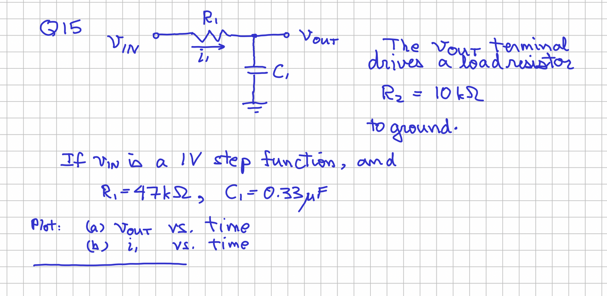 G15
VIN
Plot:
R₁
i,
с,
(a) VOUT vs. time
(b) 2,
vs. time
VOUT
The Vour terminal
YouT
drives a load resistor
R₂
If ViN is a IV step function, and
R₁ = 47k52₂ C₁ = 0.33 μF
= 10k√
to ground.