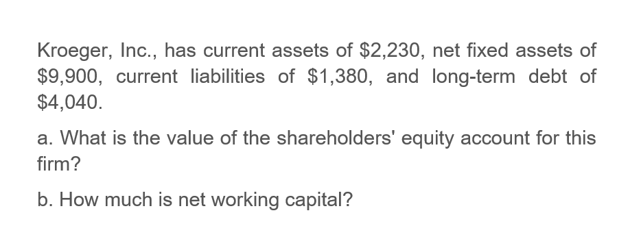 Kroeger, Inc., has current assets of $2,230, net fixed assets of
$9,900, current liabilities of $1,380, and long-term debt of
$4,040.
a. What is the value of the shareholders' equity account for this
firm?
b. How much is net working capital?