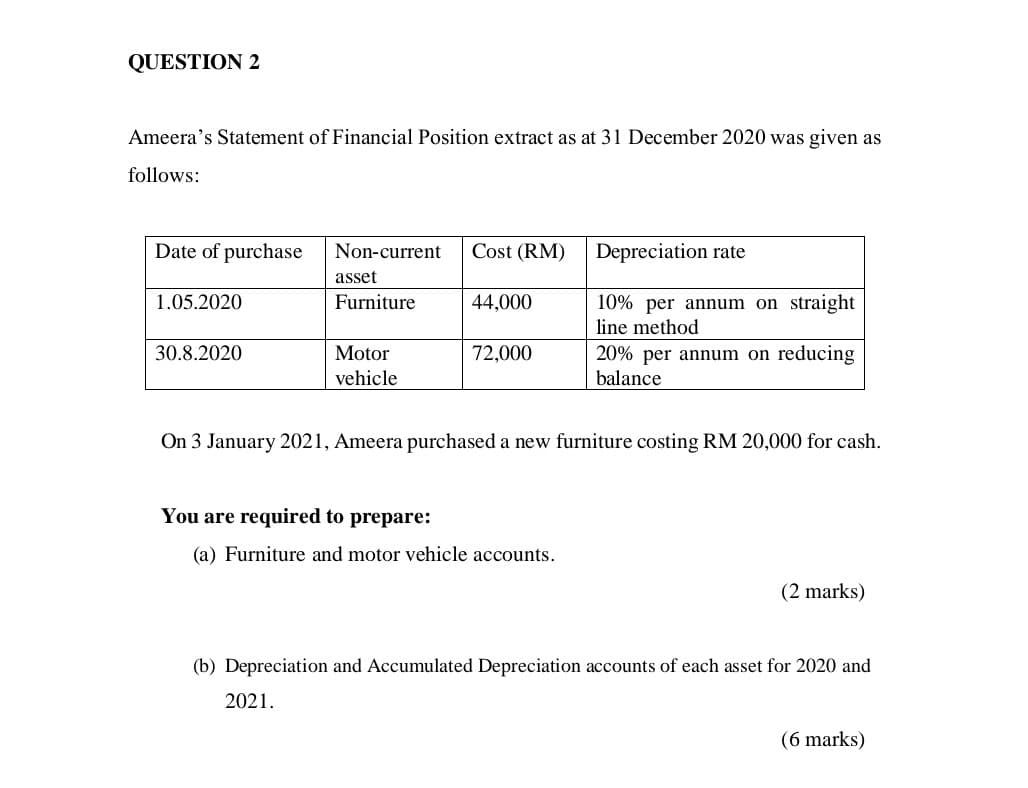 QUESTION 2
Ameera's Statement of Financial Position extract as at 31 December 2020 was given as
follows:
Date of purchase
Non-current
Cost (RM)
Depreciation rate
1.05.2020
asset
Furniture
44,000
10% per annum on straight
line method
30.8.2020
Motor
vehicle
72,000
20% per annum on reducing
balance
On 3 January 2021, Ameera purchased a new furniture costing RM 20,000 for cash.
You are required to prepare:
(a) Furniture and motor vehicle accounts.
(2 marks)
(b) Depreciation and Accumulated Depreciation accounts of each asset for 2020 and
2021.
(6 marks)