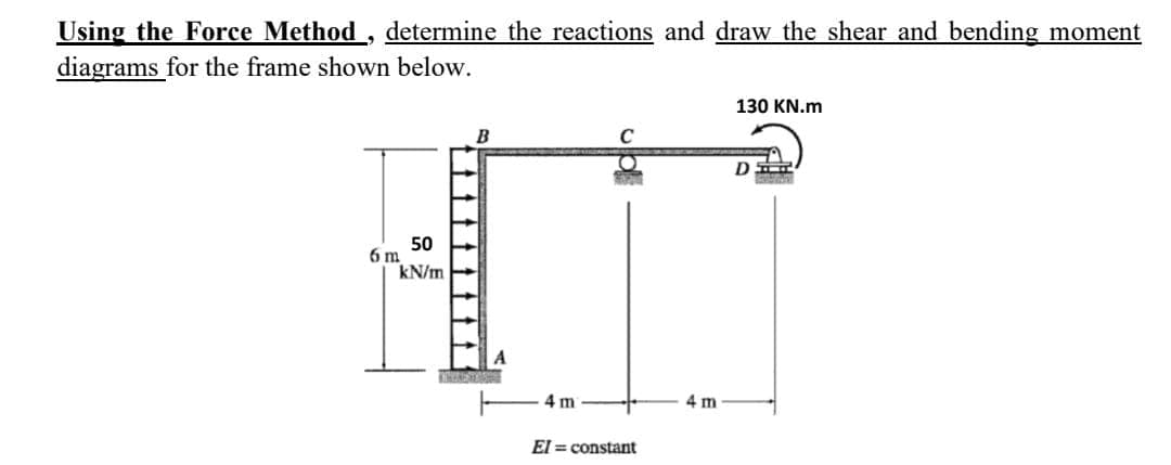 Using the Force Method, determine the reactions and draw the shear and bending moment
diagrams for the frame shown below.
130 KN.m
B
50
6 m
kN/m
4 m
4 m
El = constant
