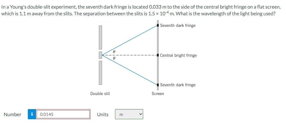 In a Young's double-slit experiment, the seventh dark fringe is located 0.033 m to the side of the central bright fringe on a flat screen,
which is 1.1 m away from the slits. The separation between the slits is 1.5 x 104 m. What is the wavelength of the light being used?
Seventh dark fringe
Number i 0.0145
Double slit
Units
D
E
Central bright fringe
Seventh dark fringe
Screen
