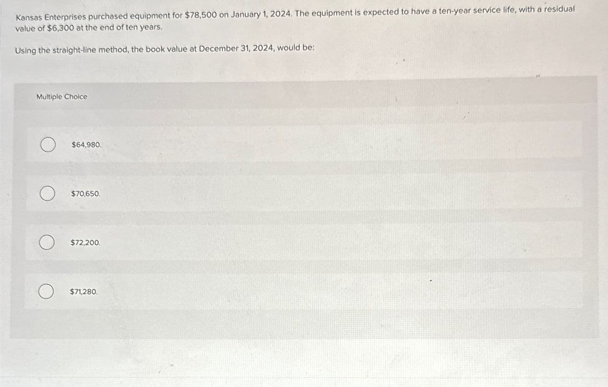 Kansas Enterprises purchased equipment for $78,500 on January 1, 2024. The equipment is expected to have a ten-year service life, with a residual
value of $6,300 at the end of ten years.
Using the straight-line method, the book value at December 31, 2024, would be:
Multiple Choice
$64,980.
$70,650.
$72,200.
$71,280.