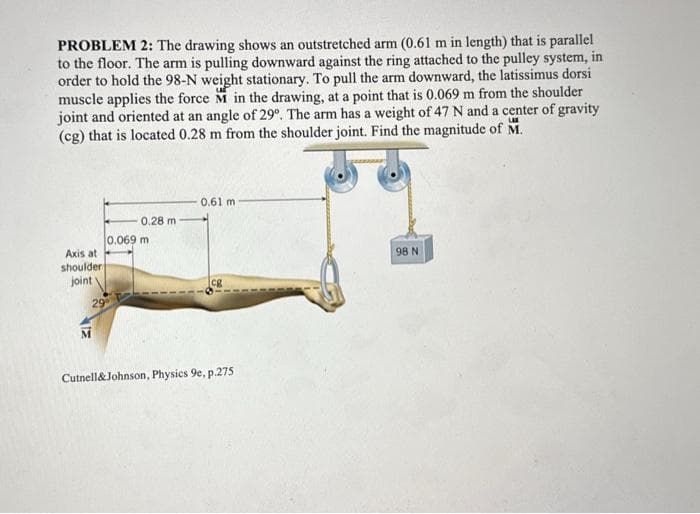 PROBLEM 2: The drawing shows an outstretched arm (0.61 m in length) that is parallel
to the floor. The arm is pulling downward against the ring attached to the pulley system, in
order to hold the 98-N weight stationary. To pull the arm downward, the latissimus dorsi
muscle applies the force M in the drawing, at a point that is 0.069 m from the shoulder
joint and oriented at an angle of 29°. The arm has a weight of 47 N and a center of gravity
(cg) that is located 0.28 m from the shoulder joint. Find the magnitude of M.
0.61 m
0.28 m
Axis at
shoulder
joint
29
0.069 m
M
cg
Cutnell&Johnson, Physics 9e, p.275
98 N
