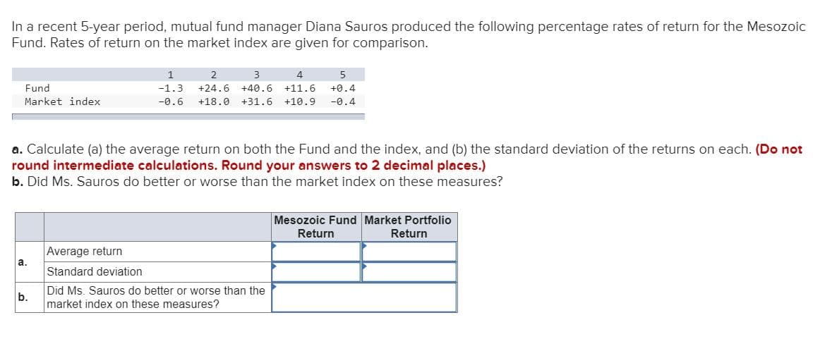 In a recent 5-year period, mutual fund manager Diana Sauros produced the following percentage rates of return for the Mesozoic
Fund. Rates of return on the market index are given for comparison.
Fund
Market index
2
+24.6 +40.6 +11.6
+18.0
+0.4
+31.6 +10.9 -0.4
-1.3
-0.6
a. Calculate (a) the average return on both the Fund and the index, and (b) the standard deviation of the returns on each. (Do not
round intermediate calculations. Round your answers to 2 decimal places.)
b. Did Ms. Sauros do better or worse than the market index on these measures?
