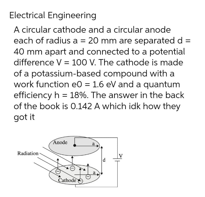Electrical Engineering
A circular cathode and a circular anode
each of radius a = 20 mm are separated d =
40 mm apart and connected to a potential
difference V = 100 V. The cathode is made
of a potassium-based compound with a
work function e0 = 1.6 eV and a quantum
efficiency h = 18%. The answer in the back
of the book is 0.142 A which idk how they
got it
Anode
a
Radiation
Cathode
d