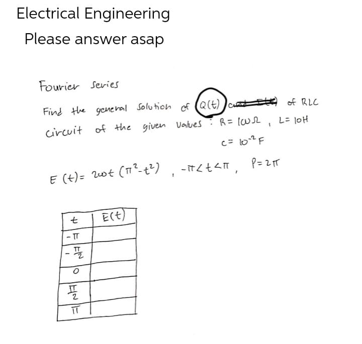Electrical Engineering
Please answer asap
Fourier Series
Find the general Solution of (Q(t)) cant It) of RLC
circuit of the given values
: R = 102
L = 10H
1
C = 10-² F
E (t) = 2wt (77²- +²), -H<t<HT, P=2₁T
t
E(t)
-TT
- 11/22
EN
TENE
플