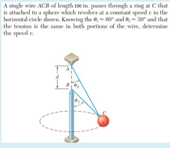 A single wire ACB of length 100 in. passes through a ring at C that
is attached to a sphere which revolves at a constant speed o in the
horizontal circle shown. Knowing the 6 = 60° and 02 = 30° and that
the tension is the same in both portions of the wire, determine
the speed v.
d
