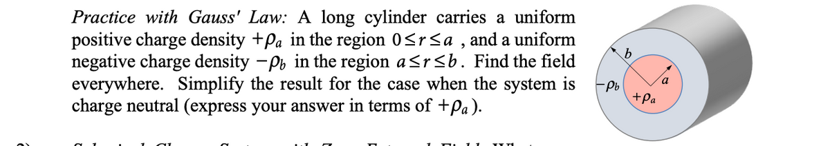 Practice with Gauss' Law: A long cylinder carries a uniform
positive charge density +Pa in the region 0≤r≤a, and a uniform
negative charge density -Pb in the region a ≤r≤b. Find the field
everywhere. Simplify the result for the case when the system is -Pb
charge neutral (express your answer in terms of +Pa).
b
+Pa
a