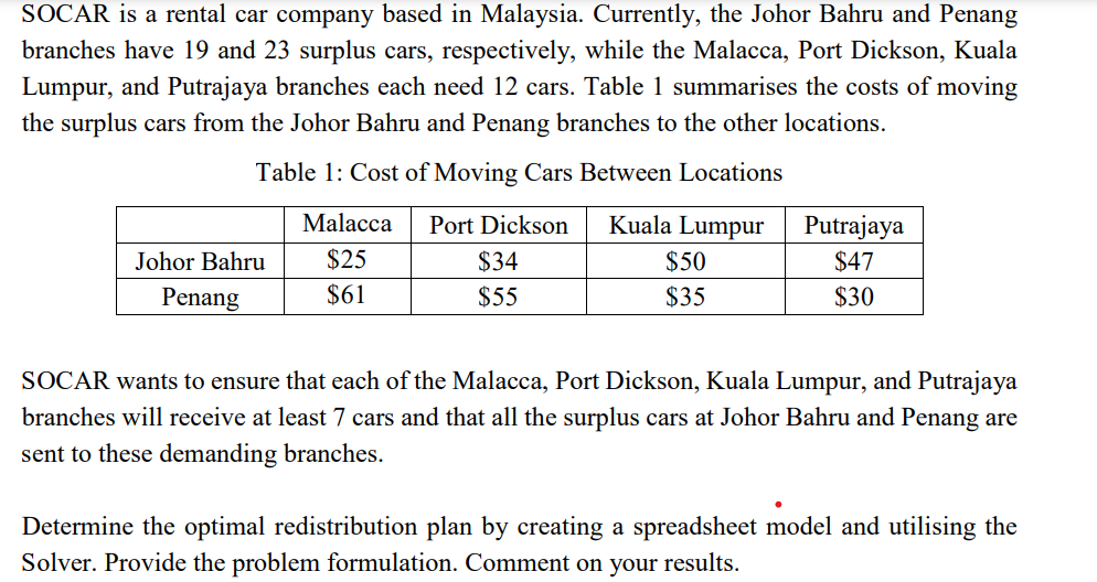 SOCAR is a rental car company based in Malaysia. Currently, the Johor Bahru and Penang
branches have 19 and 23 surplus cars, respectively, while the Malacca, Port Dickson, Kuala
Lumpur, and Putrajaya branches each need 12 cars. Table 1 summarises the costs of moving
the surplus cars from the Johor Bahru and Penang branches to the other locations.
Table 1: Cost of Moving Cars Between Locations
Johor Bahru
Penang
Malacca
$25
$61
Port Dickson
$34
$55
Kuala Lumpur
$50
$35
Putrajaya
$47
$30
SOCAR wants to ensure that each of the Malacca, Port Dickson, Kuala Lumpur, and Putrajaya
branches will receive at least 7 cars and that all the surplus cars at Johor Bahru and Penang are
sent to these demanding branches.
Determine the optimal redistribution plan by creating a spreadsheet model and utilising the
Solver. Provide the problem formulation. Comment on your results.