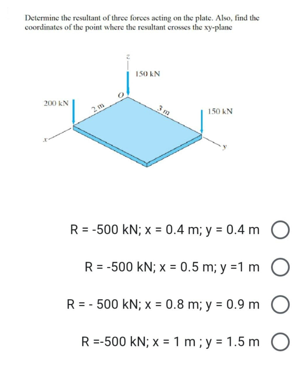 Determine the resultant of three forces acting on the plate. Also, find the
coordinates of the point where the resultant crosses the xy-plane
150 kN
200 KN
2m
150 kN
R = -500 kN; x = 0.4 m; y = 0.4 m
R = -500 kN; x = 0.5 m; y = 1 m
R = 500 kN; x = 0.8 m; y = 0.9 m
-
R =-500 kN; x = 1 m; y = 1.5 m
3m
O