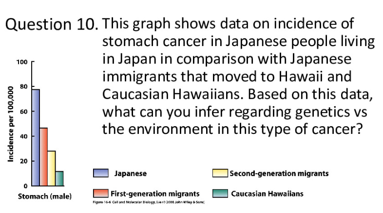 Question 10. This graph shows data on incidence of
stomach cancer in Japanese people living
in Japan in comparison with Japanese
immigrants that moved to Hawaii and
Caucasian Hawaiians. Based on this data,
what can you infer regarding genetics vs
the environment in this type of cancer?
100
80
60
40
20
Japanese
Second-generation migrants
Stomach (male)
| First-generation migrants
Caucasian Hawaiians
Figure 16-6 Call and FAalacalar Blology, 5ier 2008 John Wily & Sons
Incidence per 100,000
