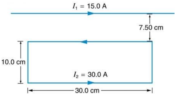10.0 cm
I₁ = 15.0 A
1₂ = 30.0 A
30.0 cm
7.50 cm