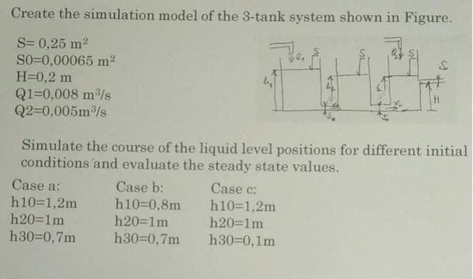 Create the simulation model of the 3-tank system shown in Figure.
S= 0,25 m2
SO=0,00065 m2
H=0,2 m
Q1=0,008 m/s
Q2-0,005m/s
Simulate the course of the liquid level positions for different initial
conditions and evaluate the steady state values.
Case a:
Case c:
h10=1,2m
h20=1m
h30-0,7m
Case b:
h10-0,8m
h20=1m
h10-1,2m
h20-1m
h30=0,7m
h30-0,1m
