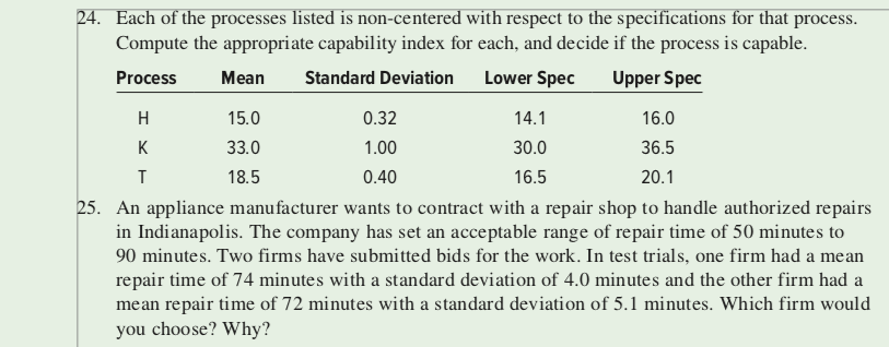 24. Each of the processes listed is non-centered with respect to the specifications for that process.
Compute the appropri ate capability index for each, and decide if the process is capable.
Process
Mean
Standard Deviation
Lower Spec
Upper Spec
H
15.0
0.32
14.1
16.0
K
33.0
1.00
30.0
36.5
18.5
0.40
16.5
20.1
25. An appliance manufacturer wants to contract with a repair shop to handle authorized repairs
in Indianapolis. The company has set an acceptable range of repair time of 50 minutes to
90 minutes. Two firms have submitted bids for the work. In test trials, one firm had a mean
repair time of 74 minutes with a standard deviation of 4.0 minutes and the other firm had a
mean repair time of 72 minutes with a standard deviation of 5.1 minutes. Which firm would
you choose? Why?
