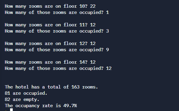 How many rooms are on floor 10? 22
How many of those rooms are occupied? 1
How many rooms are on floor 11? 12
How many of those rooms are occupied? 3
How many rooms are on floor 12? 12
How many of those rooms are occupied? 9
How many rooms are on floor 14? 12
How many of those rooms are occupied? 12
The hotel has a total of 163 rooms.
81 are occupied.
82 are empty.
The occupancy rate is 49.7%
