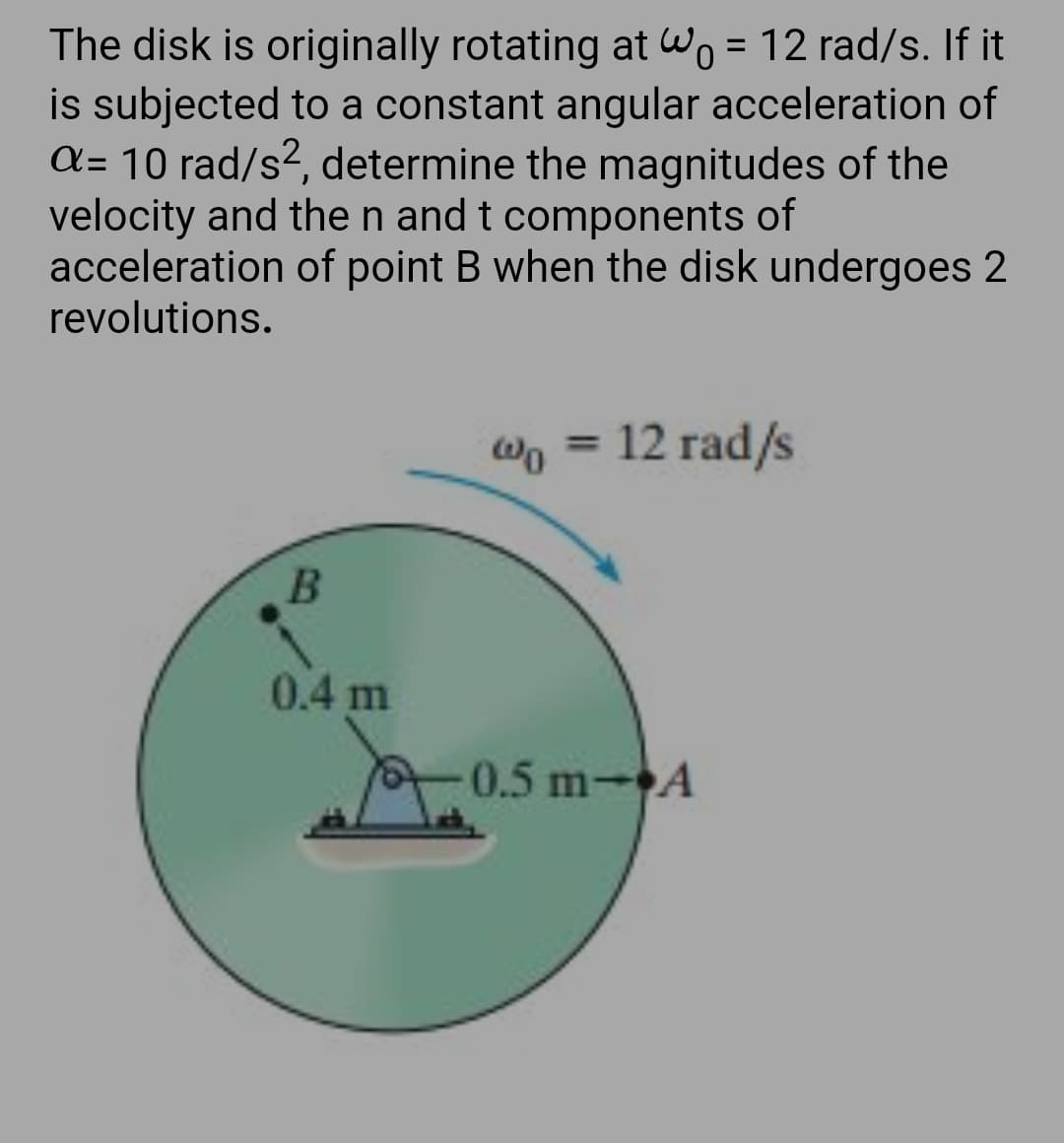 The disk is originally rotating at Wo = 12 rad/s. If it
is subjected to a constant angular acceleration of
a= 10 rad/s², determine the magnitudes of the
velocity and the n and t components of
acceleration of point B when the disk undergoes 2
revolutions.
%D
12 rad/s
%3D
0.4 m
0.5 m-A
