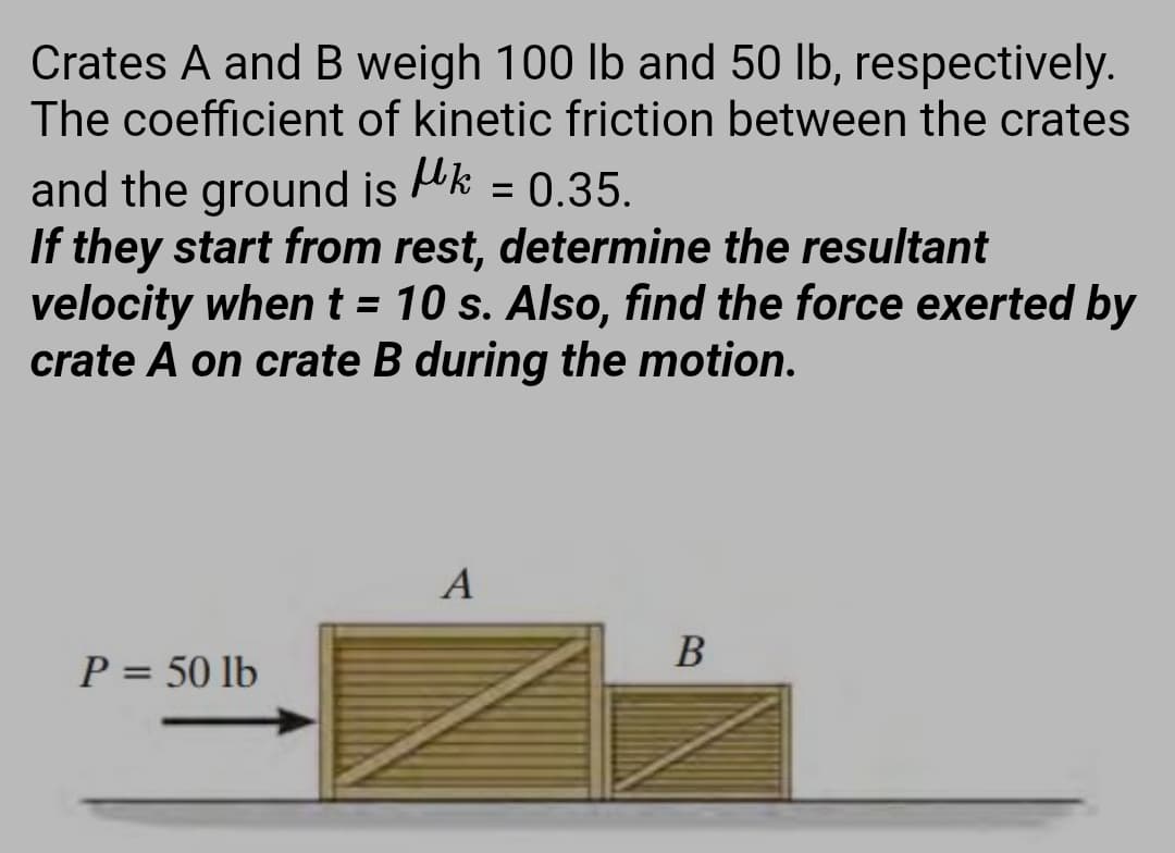 Crates A andB weigh 100 Ib and 50 lb, respectively.
The coefficient of kinetic friction between the crates
and the ground is
If they start from rest, determine the resultant
velocity whent = 10 s. Also, find the force exerted by
crate A on crate B during the motion.
= 0.35.
A
B
P = 50 lb

