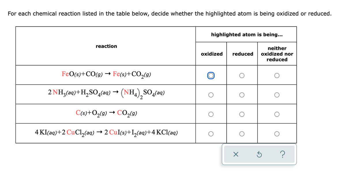 For each chemical reaction listed in the table below, decide whether the highlighted atom is being oxidized or reduced.
highlighted atom is being...
reaction
neither
oxidized
reduced
oxidized nor
reduced
FeO(s)+CO(g)
→ Fe(s)+CO,(9)
2 NH3(aq)+H,SO4(aq)
→ (NH,),SO4(aq)
C(s)+O,(9) → C0,(9)
4 KI(aq)+2 CuCl,(aq) → 2 CuI(s)+I,(aq)+4 KCl(aq)
