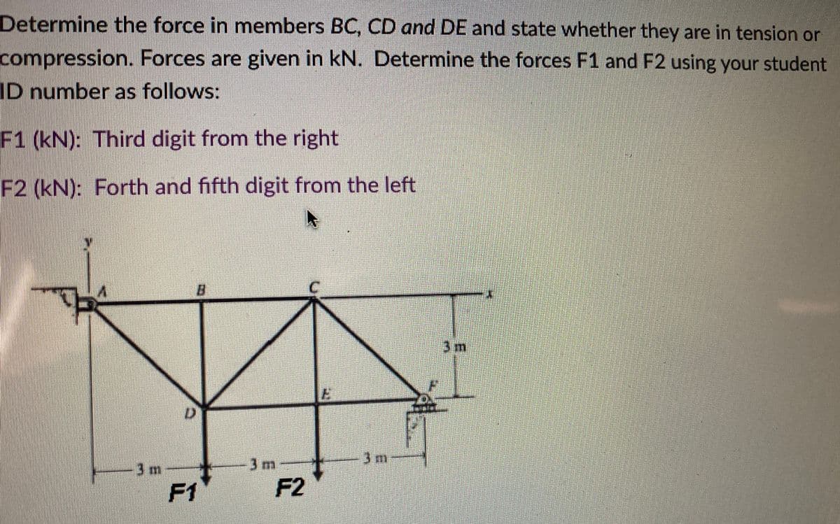 Determine the force in members BC, CD and DE and state whether they are in tension or
compression. Forces are given in kN. Determine the forces F1 and F2 using your student
ID number as follows:
F1 (kN): Third digit from the right
F2 (kN): Forth and fifth digit from the left
3m
3 m
3m
3m
F1
F2
