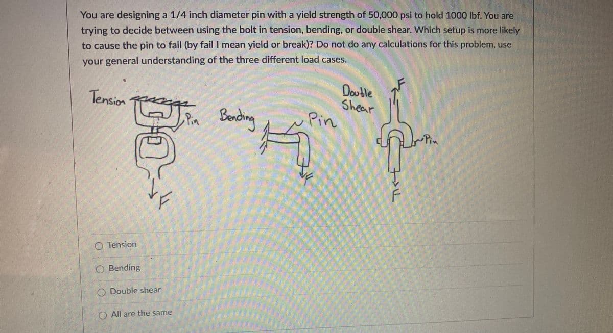 You are designing a 1/4 inch diameter pin with a yield strength of 50,000 psi to hold 1000 Ibf. You are
trying to decide between using the bolt in tension, bending, or double shear. Which setup is more likely
to cause the pin to fail (by fail I mean yield or break)? Do not do any calculations for this problem, use
your general understanding of the three different load cases.
Double
Shear
Pin
券
Tension TT
Pin Bending
Pin
O Tension
O Bending
O Double shear
O All are the same
