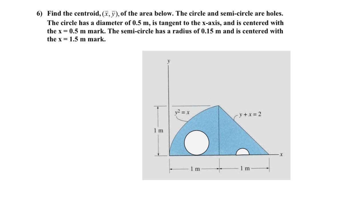 6) Find the centroid, (x, 5), of the area below. The circle and semi-circle are holes.
The circle has a diameter of 0.5 m, is tangent to the x-axis, and is centered with
the x = 0.5 m mark. The semi-circle has a radius of 0.15 m and is centered with
the x = 1.5 m mark.
y2 = x
-y +x = 2
1 m
1m
1 m
