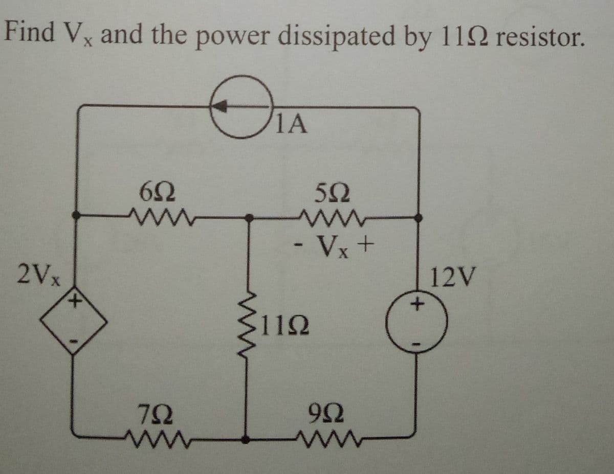 Find Vx and the power dissipated by 11Ω resistor.
X
1Α
6Ω
Μ
2Vx
12V
+
ΖΩ
Μ
5Ω
- Vx +
11Ω
9Ω
Μ