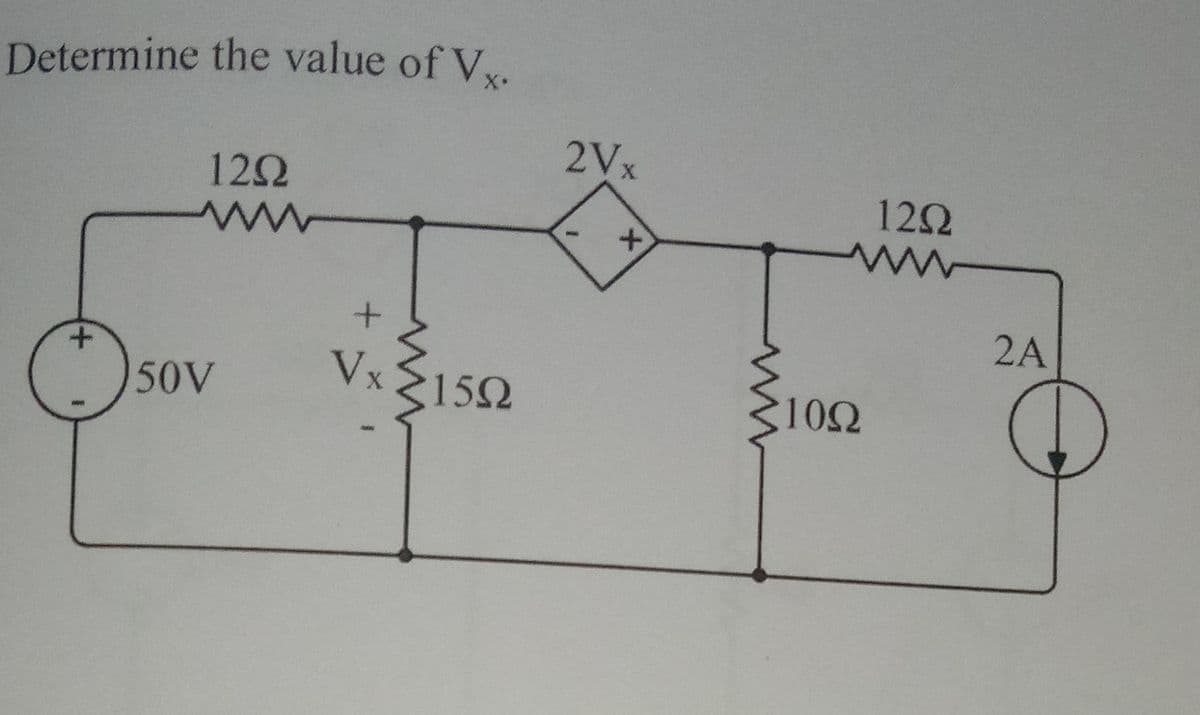 Determine the value of V.
12Ω
www
+
50V
+
Vx
315Ω
2Vx
1092
1292
w
2A