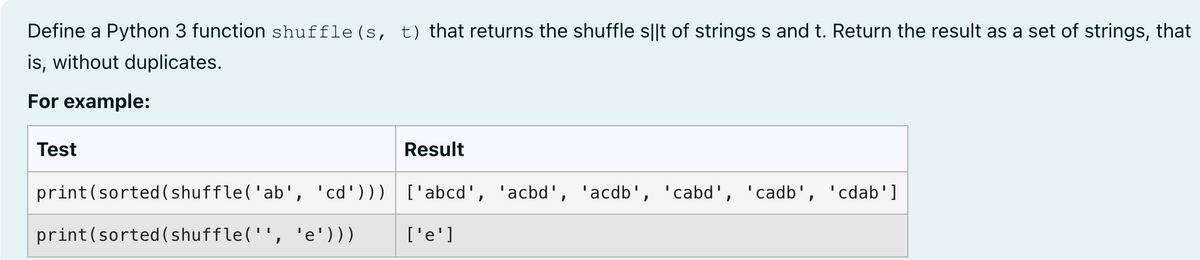 Define a Python 3 function shuffle (s, t) that returns the shuffle sålt of strings s and t. Return the result as a set of strings, that
is, without duplicates.
For example:
Test
print (sorted (shuffle('ab', 'cd')))
print (sorted (shuffle('', 'e')))
Result
['abcd', 'acbd', 'acdb', 'cabd', 'cadb', 'cdab']
['e']