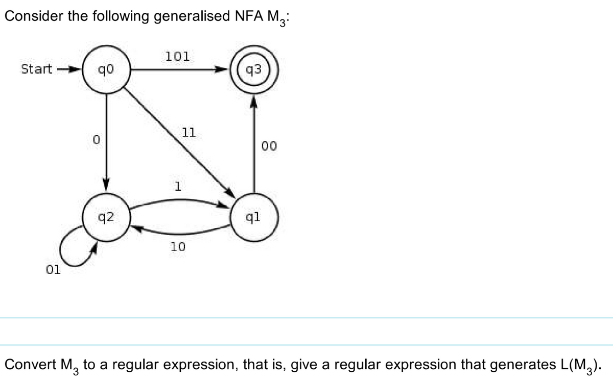 Consider the following generalised NFA M.
Start
01
qo
0
q2
101
11
1
10
q3
q1
8
Convert M3 to a regular expression, that is, give a regular expression that generates L(M₂).