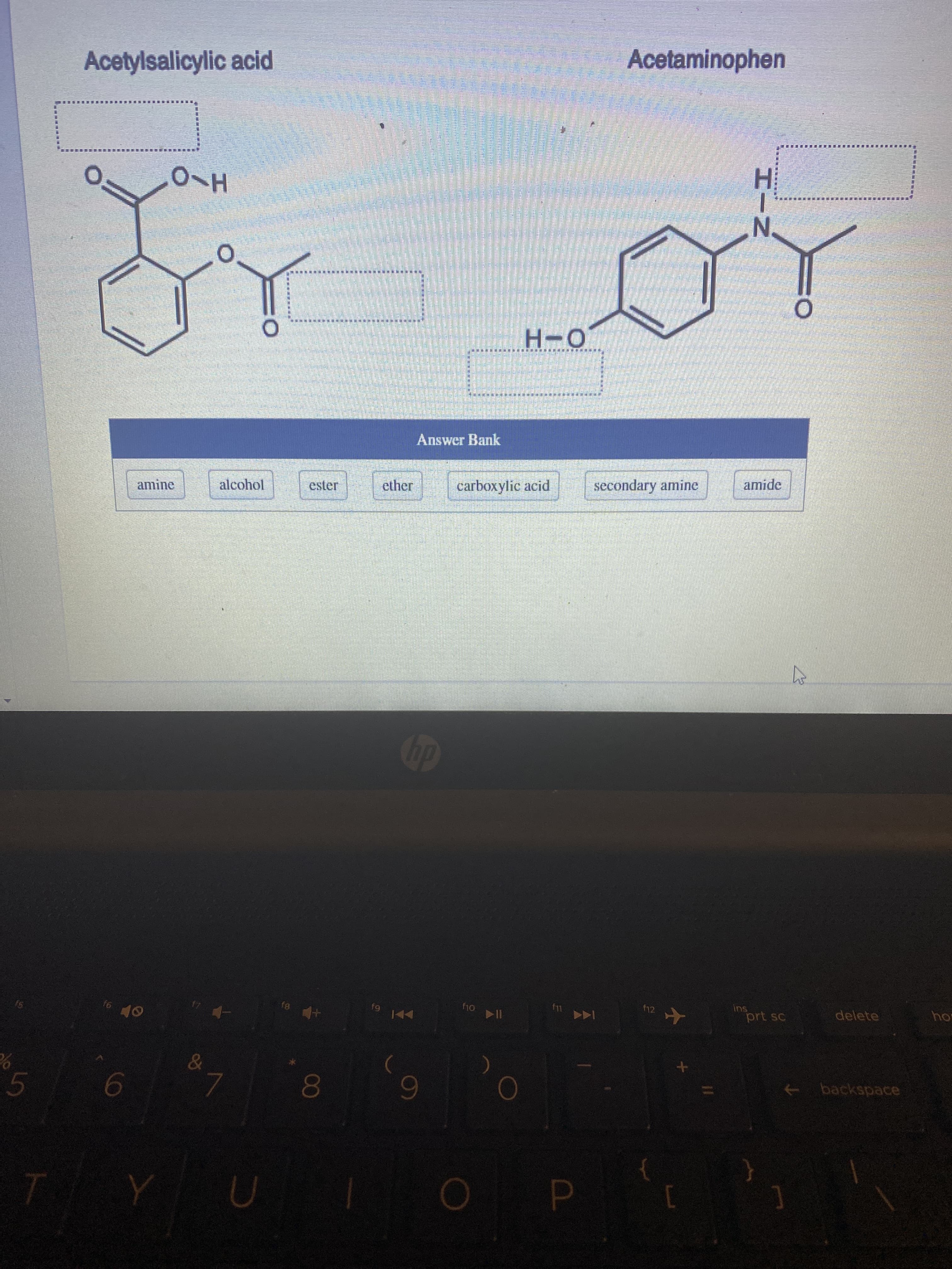 80
Acetaminophen
Acetylsalicylic acid
臺臺 臺
N.
O-H
Answer Bank
alcohol
ester
ether
carboxylic acid
secondary amine
amide
amine
ins
prt sc
f8 +
f9 44
f12
delete
9)
144 )
+ backspace
08.
