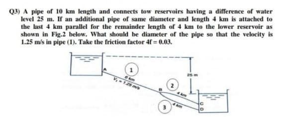 Q3) A pipe of 10 km length and connects tow reservoirs having a difference of water
level 25 m. If an additional pipe of same diameter and length 4 km is attached to
the last 4 km parallel for the remainder length of 4 km to the lower reservoir as
shown in Fig.2 below. What should be diameter of the pipe so that the velocity is
1.25 m/s in pipe (1). Take the friction factor 4f = 0.03.
6km
V,-1.25 ms
Am
Am
ID

