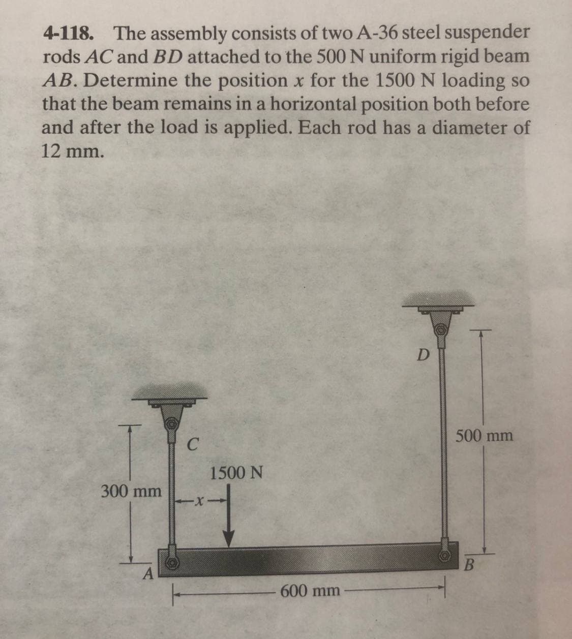 4-118. The assembly consists of two A-36 steel suspender
rods AC and BD attached to the 500 N uniform rigid beam
AB. Determine the position x for the 1500 N loading so
that the beam remains in a horizontal position both before
and after the load is applied. Each rod has a diameter of
12 mm.
300 mm
A
C
X
1500 N
- 600 mm
D
500 mm
B