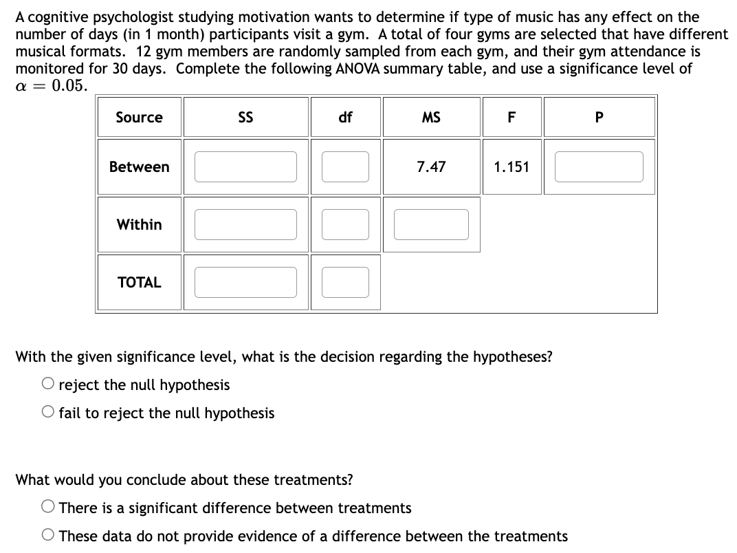 A cognitive psychologist studying motivation wants to determine if type of music has any effect on the
number of days (in 1 month) participants visit a gym. A total of four gyms are selected that have different
musical formats. 12 gym members are randomly sampled from each gym, and their gym attendance is
monitored for 30 days. Complete the following ANOVA summary table, and use a significance level of
α = = 0.05.
Source
Between
Within
TOTAL
SS
df
MS
7.47
F
1.151
With the given significance level, what is the decision regarding the hypotheses?
O reject the null hypothesis
O fail to reject the null hypothesis
What would you conclude about these treatments?
O There is a significant difference between treatments
O These data do not provide evidence of a difference between the treatments
P