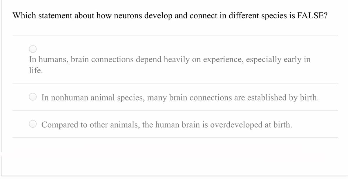Which statement about how neurons develop and connect in different species is FALSE?
In humans, brain connections depend heavily on experience, especially early in
life.
In nonhuman animal species, many brain connections are established by birth.
Compared to other animals, the human brain is overdeveloped at birth.
