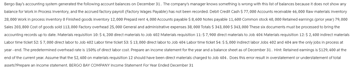 Bergo Bay's accounting system generated the following account balances on December 31. The company's manager knows something is wrong with this list of balances because it does not show any
balance for Work in Process Inventory, and the accrued factory payroll (Factory Wages Payable) has not been recorded. Debit Credit Cash $ 77,000 Accounts receivable 46,000 Raw materials inventory
28,000 Work in process inventory 0 Finished goods inventory 12,000 Prepaid rent 4,000 Accounts payable $ 8,600 Notes payable 11,600 Common stock 40,000 Retained earnings (prior year) 79,000
Sales 203,800 Cost of goods sold 113,000 Factory overhead 25,000 General and administrative expenses 38,000 Totals $ 343,000 $ 343,000 These six documents must be processed to bring the
accounting records up to date. Materials requisition 10: $ 4,200 direct materials to Job 402 Materials requisition 11: $ 7,900 direct materials to Job 404 Materials requisition 12: $ 2,400 indirect materials
Labor time ticket 52: $7,000 direct labor to Job 402 Labor time ticket 53: $13,000 direct labor to Job 404 Labor time ticket 54: $ 5,000 indirect labor Jobs 402 and 404 are the only jobs in process at
year-end. The predetermined overhead rate is 150% of direct labor cost. Prepare an income statement for the year and a balance sheet as of December 31. Hint: Retained earnings is $129,400 at the
end of the current year. Assume that the $2,400 on materials requisition 12 should have been direct materials charged to Job 404. Does this error result in overstatement or understatement of total
assets?Prepare an income statement. BERGO BAY COMPANY Income Statement For Year Ended December 31