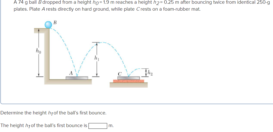 A 74 g ball B dropped from a height ho=1.9 m reaches a height h₂= 0.25 m after bouncing twice from identical 250-g
plates. Plate A rests directly on hard ground, while plate Crests on a foam-rubber mat.
ho
B
hy
Determine the height h1 of the ball's first bounce.
The height h1 of the ball's first bounce is
m.