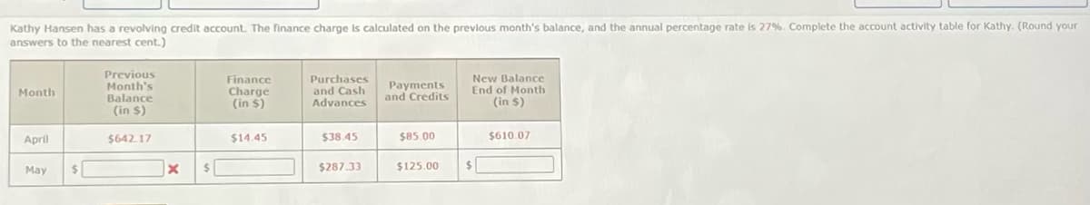 Kathy Hansen has a revolving credit account. The finance charge is calculated on the previous month's balance, and the annual percentage rate is 27%. Complete the account activity table for Kathy. (Round your
answers to the nearest cent.)
Month
April
May
$
Previous
Month's
Balance
(in $)
$642.17
x
$
Finance
Charge
(in $)
$14.45
Purchases
and Cash
Advances
$38.45
$287.33
Payments
and Credits
$85.00
$125.00
New Balance
End of Month
(in $)
$
$610.07