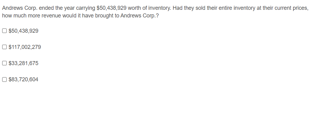 Andrews Corp. ended the year carrying $50,438,929 worth of inventory. Had they sold their entire inventory at their current prices,
how much more revenue would it have brought to Andrews Corp.?
O $50,438,929
O $117,002,279
$33,281,675
$83,720,604