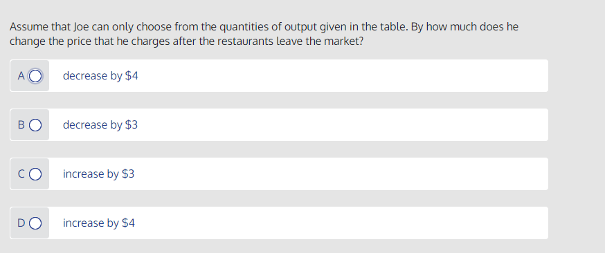 Assume that Joe can only choose from the quantities of output given in the table. By how much does he
change the price that he charges after the restaurants leave the market?
A
decrease by $4
BO
decrease by $3
CO
increase by $3
increase by $4
