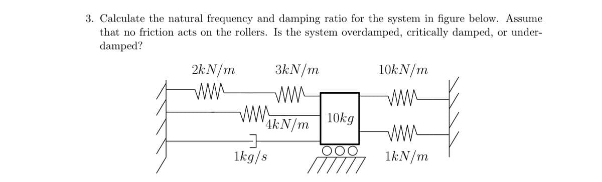 3. Calculate the natural frequency and damping ratio for the system in figure below. Assume
that no friction acts on the rollers. Is the system overdamped, critically damped, or under-
damped?
2kN/m
www
3kN/m
www
10kN/m
www
www
10kg
4kN/m
www
1kg/s
1kN/m