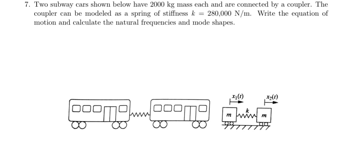 7. Two subway cars shown below have 2000 kg mass each and are connected by a coupler. The
coupler can be modeled as a spring of stiffness k = 280,000 N/m. Write the equation of
motion and calculate the natural frequencies and mode shapes.
x1(t)
☐ ☐
m
M
m
x2(t)